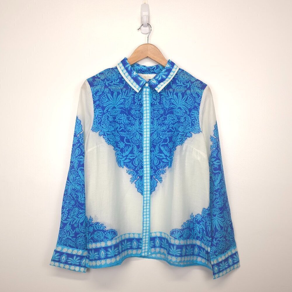 Lilly Pulitzer  Breeze Aqua Jungle Escape Engineered Woven Kiran Button Down Top - Picture 3 of 10